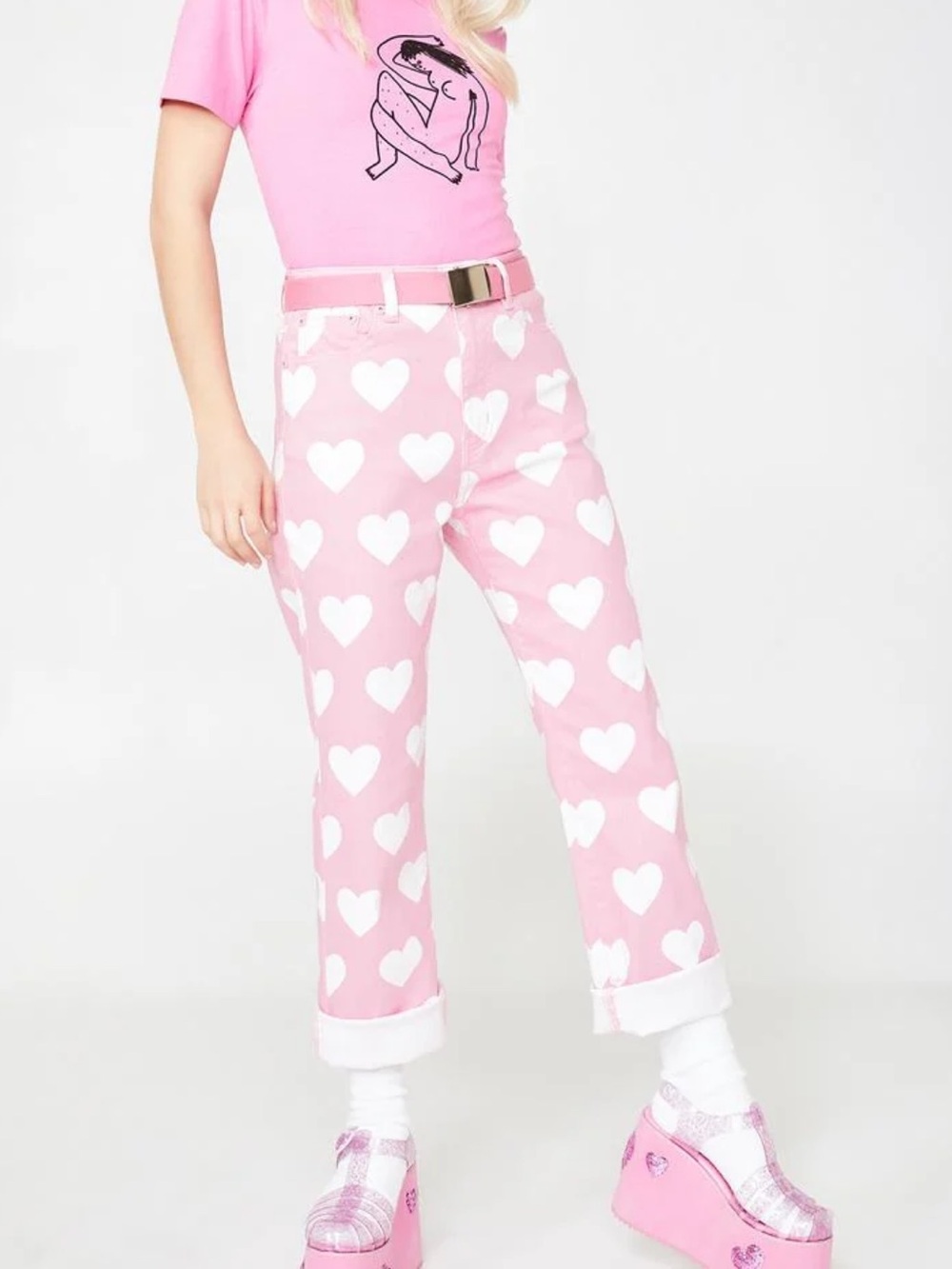 Lazy Oaf Pink Heart Jeans 24 (size XS) some marks *